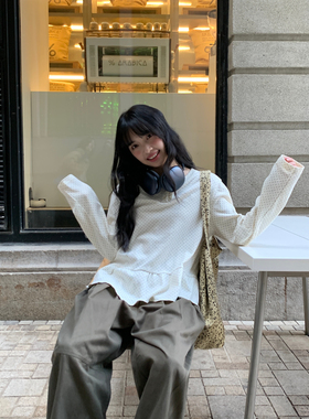 春上新波点木耳边长袖T恤