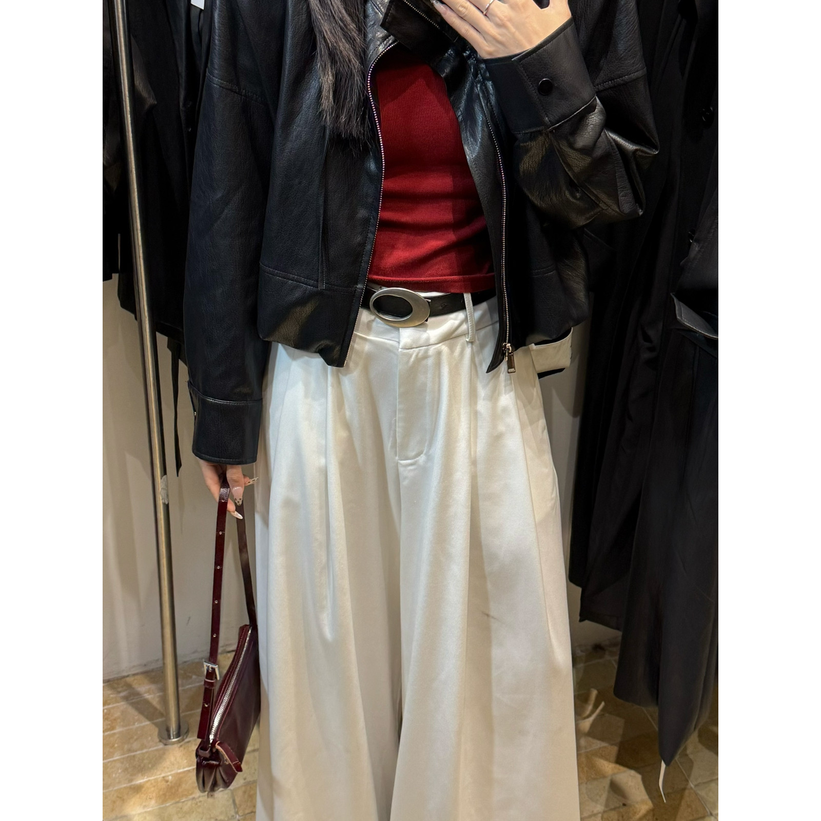 设计感机车风抽绳复古潮流街拍达人翻领修身加棉皮衣短款小个子显