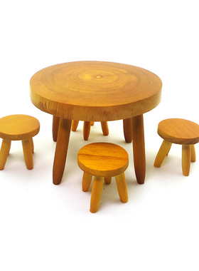 1:12娃娃屋配件dollhouse迷你复古实木桌椅客厅户外场景4凳圆桌