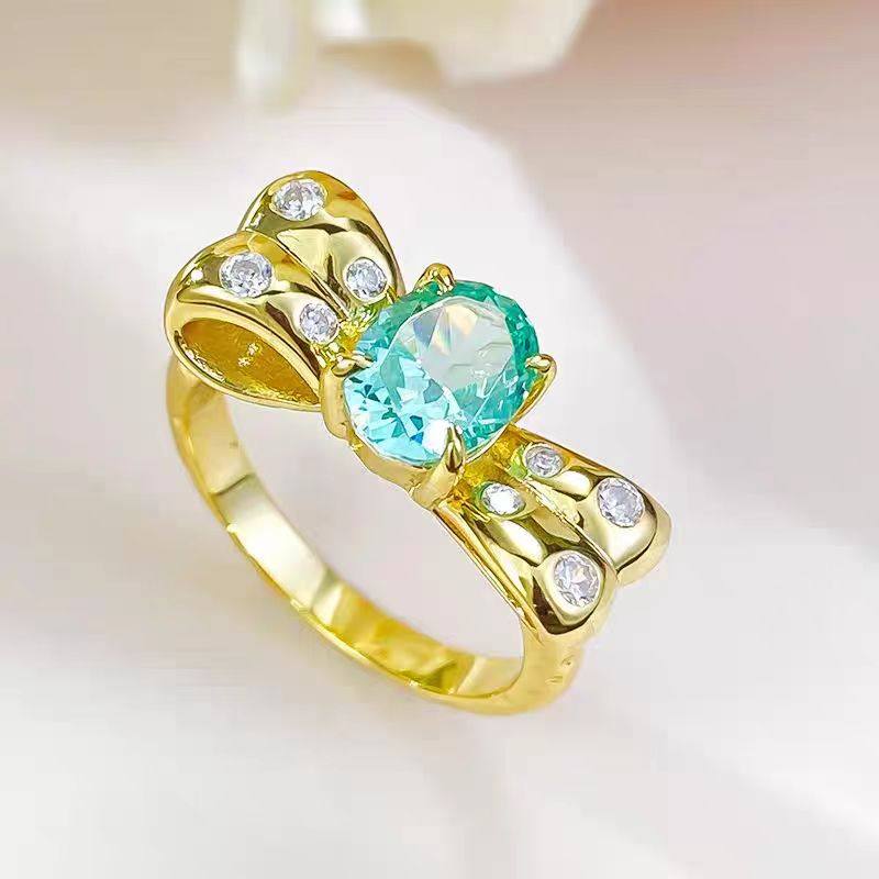 18K黄金D色莫桑石蝴蝶结碧玺绿戒指时尚纯银设计感精致轻奢气质女