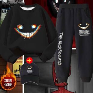 游戏后室 backrooms男女儿童加绒卫衣裤子微笑者笑靥纯棉儿童套装