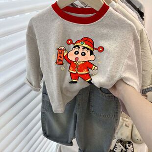 新款新年男童纯棉长袖上衣中大童过年喜庆卡通蜡笔小新拼接打底衫