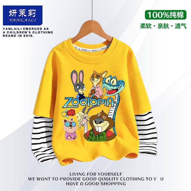 疯狂动物城中小童春季假两件条纹T恤朱迪尼克男女童纯棉长袖上衣