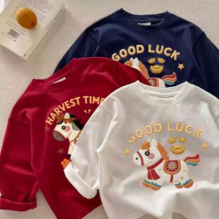 男女童纯棉爆款长袖上衣T恤中大童宽松休闲百搭卡通趣味小马打底T