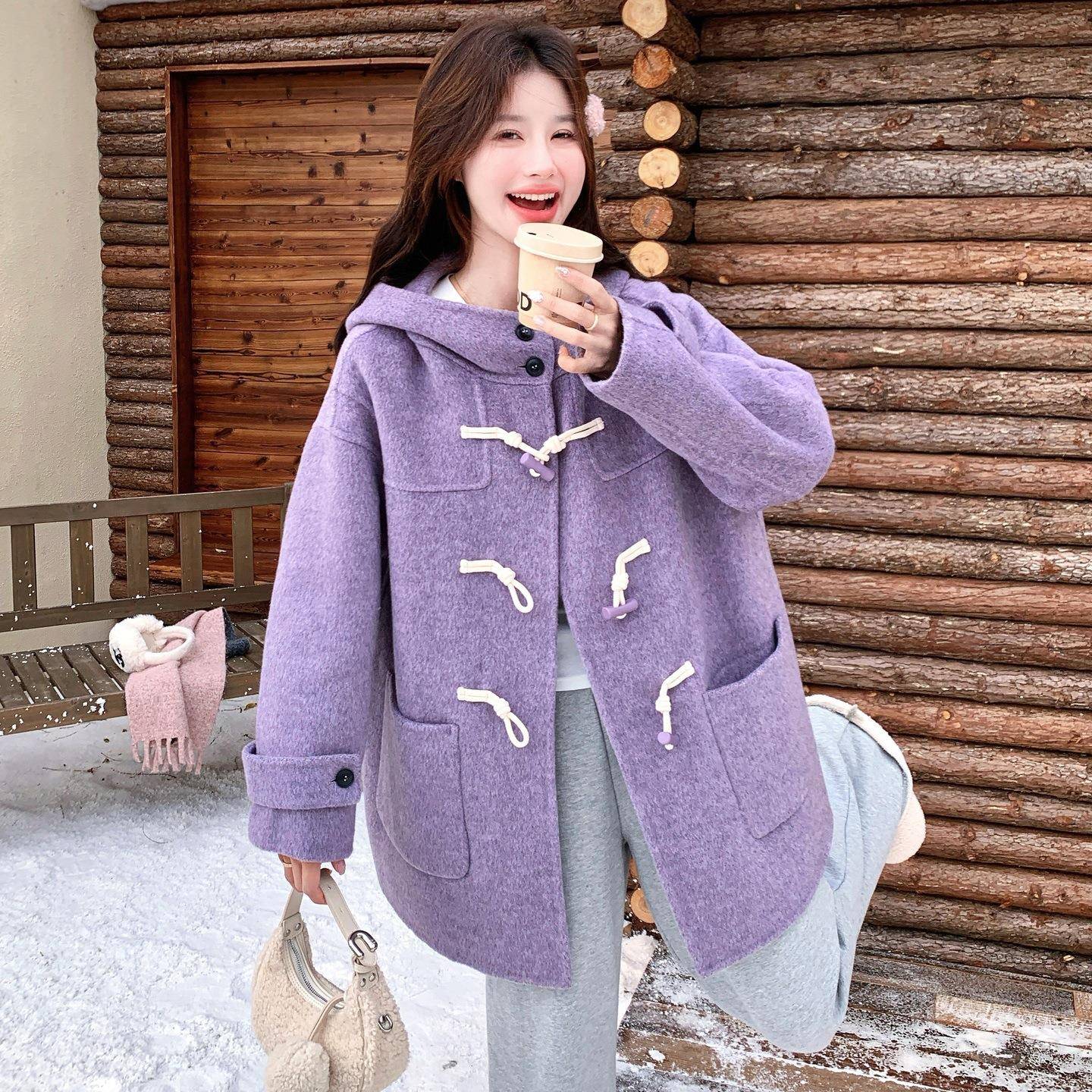 色牛角宽扣双面羊绒大衣女2025秋D145-Y88学院风松连帽小个子毛紫