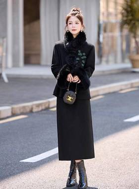 尚套装女202秋冬ZM25917-季新款中式盘扣外套毛呢时半M身裙两件5