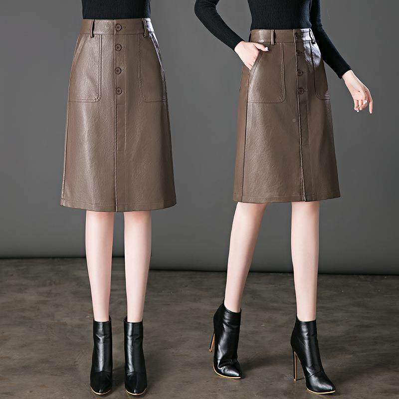 中长款皮裙半身裙女20字24秋冬款色高222080腰显瘦开新叉绵羊皮a
