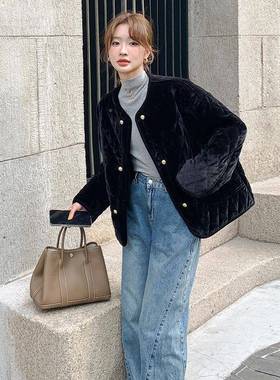 黑色短款C277-880丝绒菱格冬羽绒棉服女2025新棉衣外套夹棉款轻薄