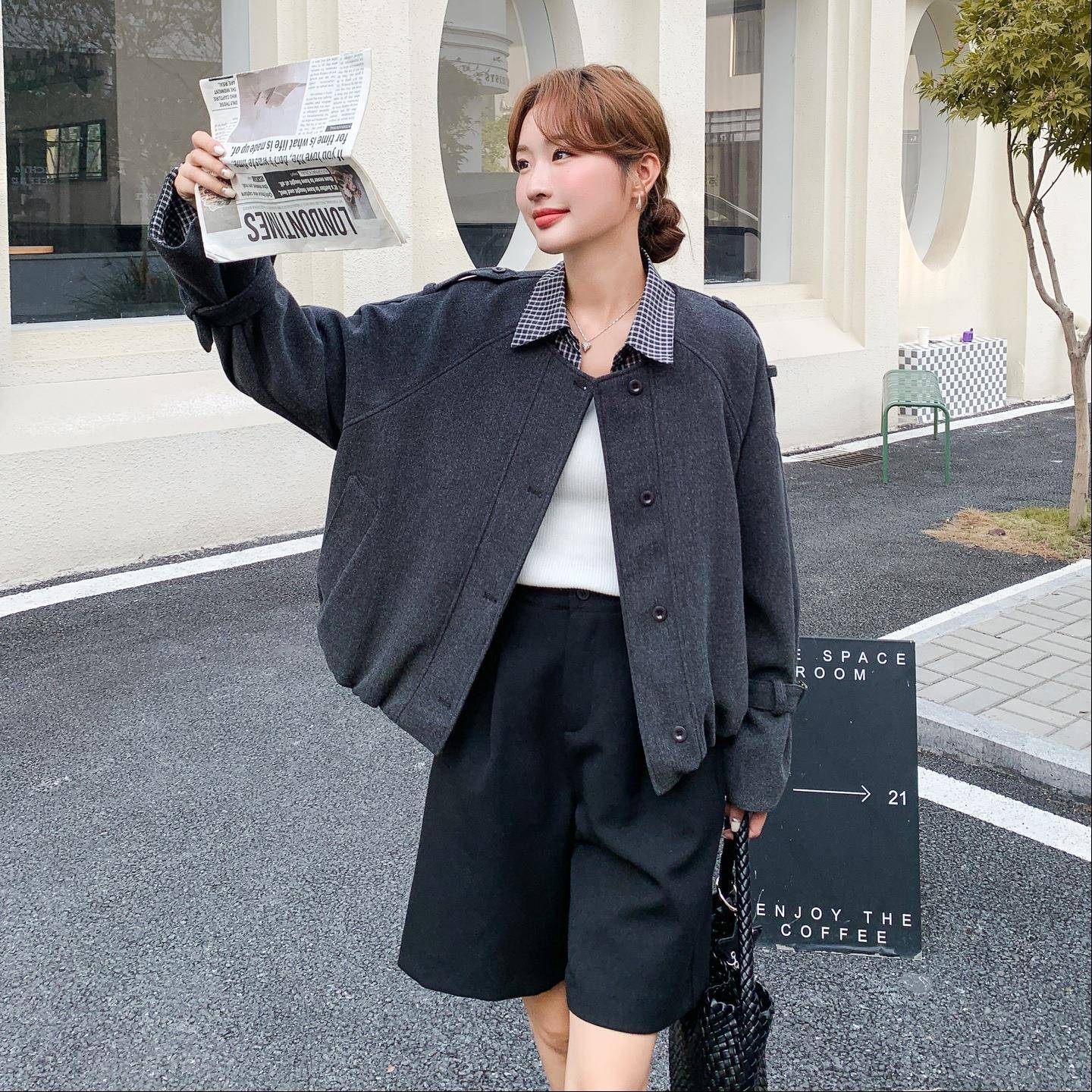 设感格纹毛呢短外女冬季20计25新款韩系高级感百套气搭质B297-181