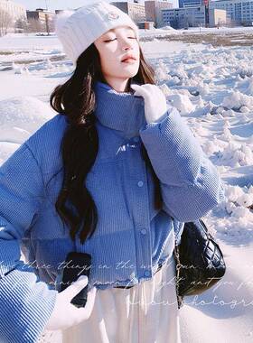学院风5蓝色短款羽绒服女202冬季新款设计感C021-310个立领角扣小