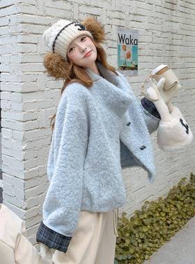 蓝色糯格子拼接皮软c129-265毛一体羊新羔毛外套女冬2025款显瘦保