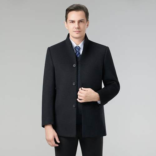 男羊绒大衣士商务爸装121/9688双面羊毛呢外套爸中长款立领拆可卸