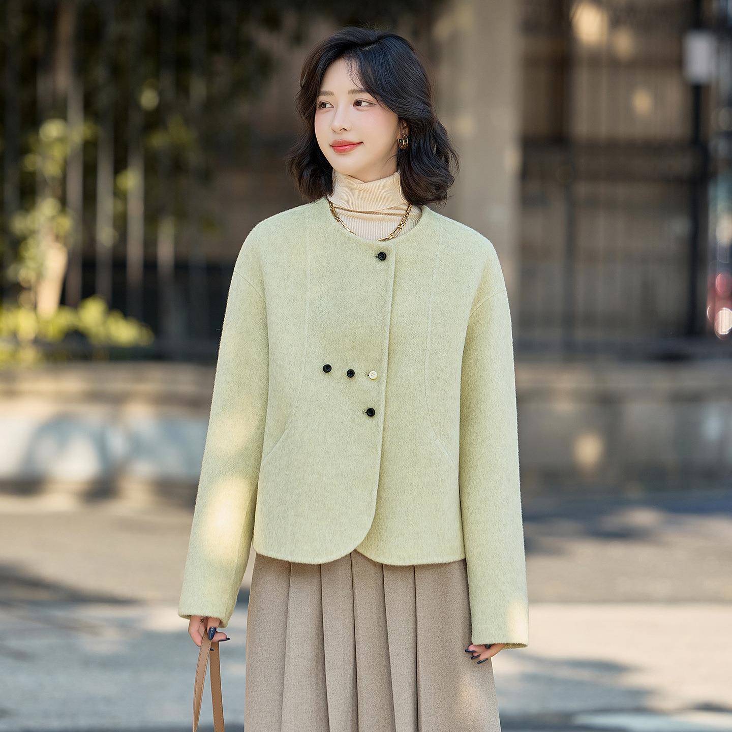 小香风20275秋新款圆领单排扣ME726-09双面羊毛大衣女冬休闲套短