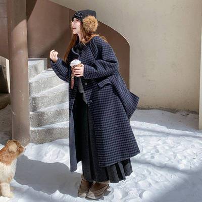 2025冬新韩女版简款约格子双面羊绒D082-G60大衣中长款带围巾外宽
