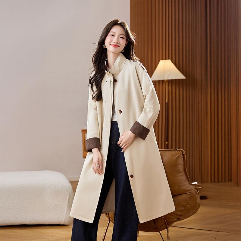 复古加WN1033-0长款拼接立风衣外套2领感025秋季新款高级过膝大衣