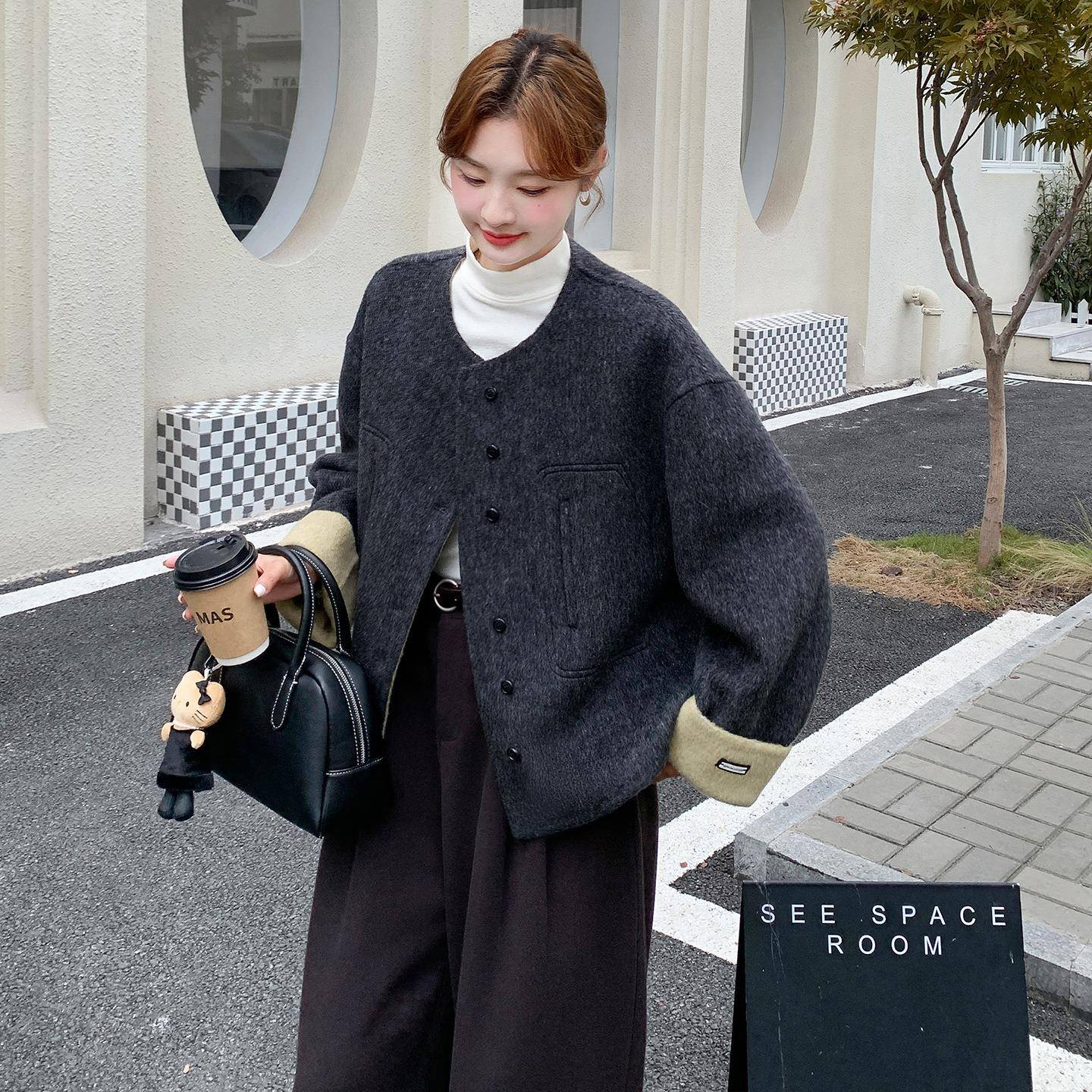 韩系约深灰C139-811色双面呢羊毛衣大女秋冬高级感休闲气质款毛短