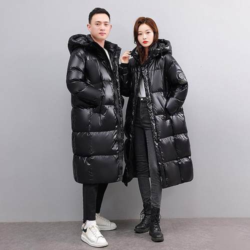 长款宽松白鸭黑羽绒服男女同款跨境冬季膝过金连帽羽BZS绒绒外套