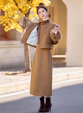 小香风狐狸领毛呢套5装ZYA868830女22冬季新款气质名媛白鸭绒毛内