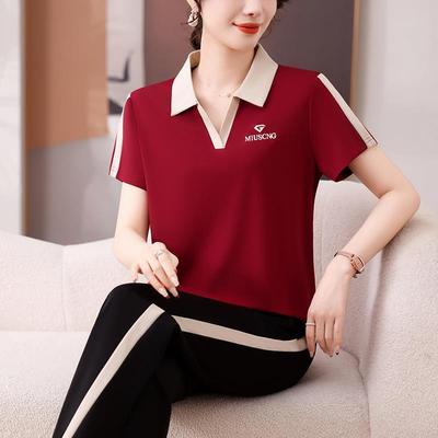 洋套跑装女夏新款时尚9057740宽松气女翻领士短袖休闲步两件套