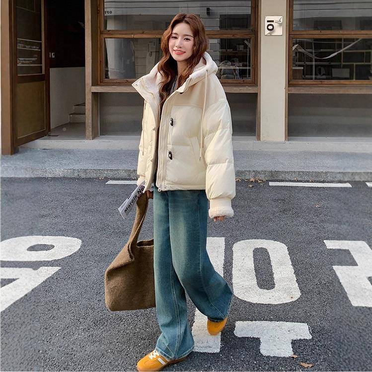 米白色连帽羽绒服女20保25年季绒新款时c225-291尚冬暖加厚白鸭小