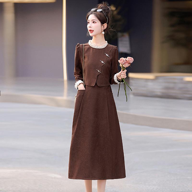 025秋2新假两件款套长袖气质流行圆领长袖中NS9666-0长款时尚9连