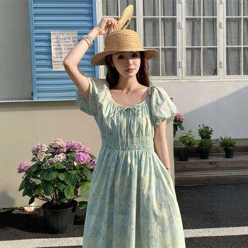 海边度碎花连衣裙女年夏新季BF8636-0款气质甜美泡泡腰袖收假长裙