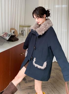 深蓝色韩毛毛领牛2B229-26系角派克羽绒服女2暖025冬宽松保90白鸭