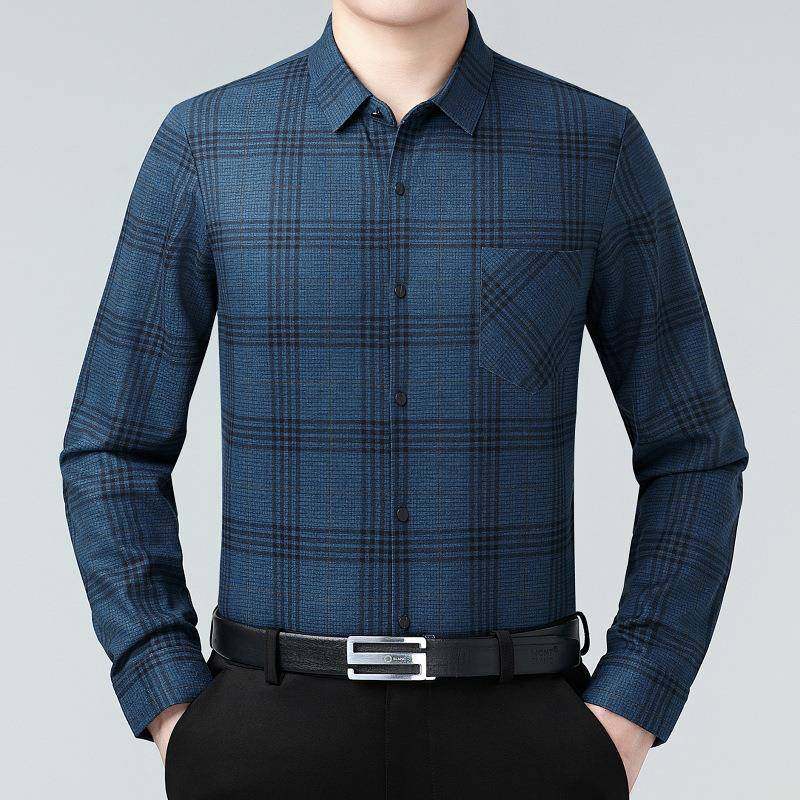 务秋季新款男士长袖衬衫中年爸爸A628-XL商子休闲免烫格山装羊绒