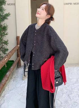 深灰色轻熟风显瘦圆领呢秋子短外套b131-751女冬新款韩系小个子加