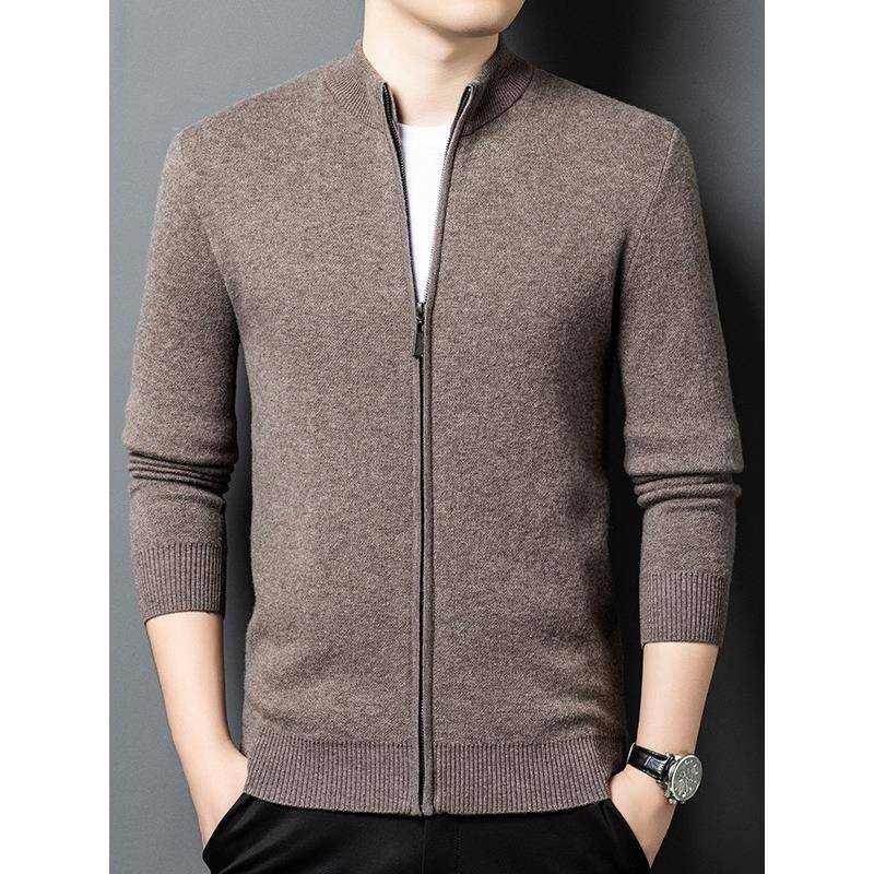 20纯25春%X85D0265秋冬季新款100羊毛拉休链立领针织衫男士闲纯色