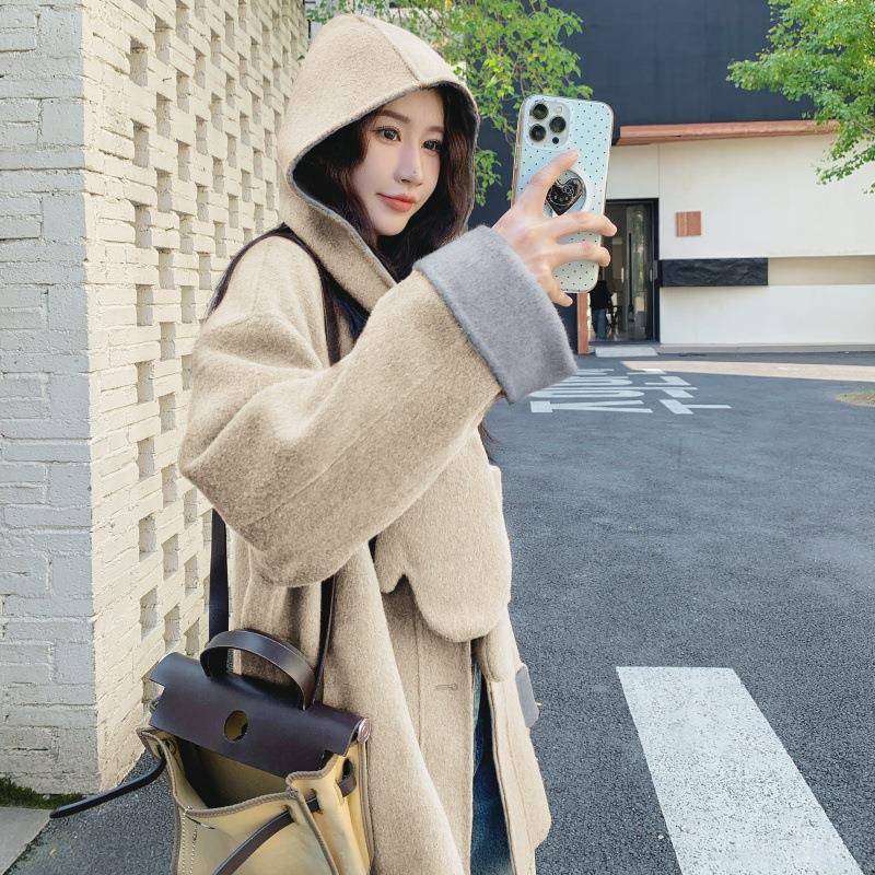 0卡色可拆卸连帽双高面羊2B218-25绒大衣女2其25冬季韩系级感羊毛