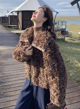 美德羊毛外套女短羔款2c217-807025冬新款暖复古拉高级感时尚保仿