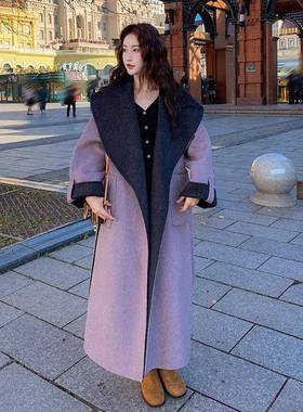 紫色长款双面羊绒衣女秋冬20外25新款大高级巨2C090-89感好看气质