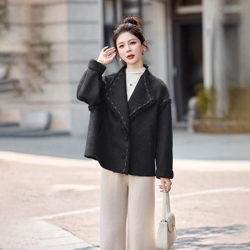 双羊毛大衣面女20子25秋高级感翻领宽松洋气小个羊毛HE5135-0呢外