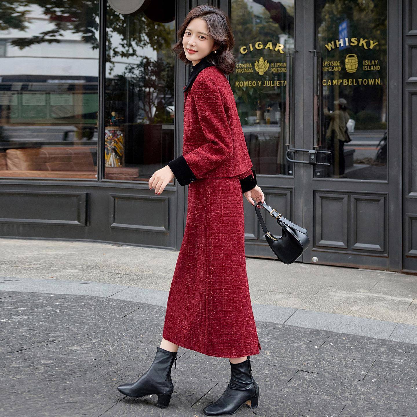 时尚闲套装202休秋裙季新款女装气质小香风外套MM2683-1半两件套