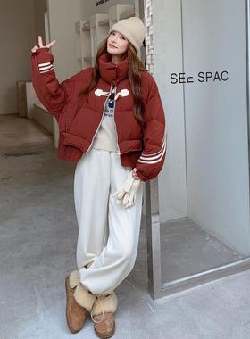 酒羽红色牛角扣立领绒2服女冬季0B237-25525新面款韩系小个子短款