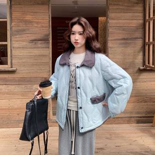 浅色撞色菱格翻领90绒羽绒服女子D078-811冬蓝2025款小个短款两面