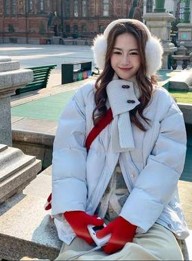 浅蓝色针织围巾短款羽绒设服冬2B143-99季025新款计白鸭2绒保暖时