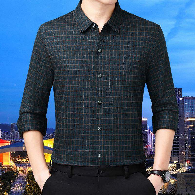 中青年男装宽松衬衣2025新男衬衫务休款24059-KK闲翻领士格商子长