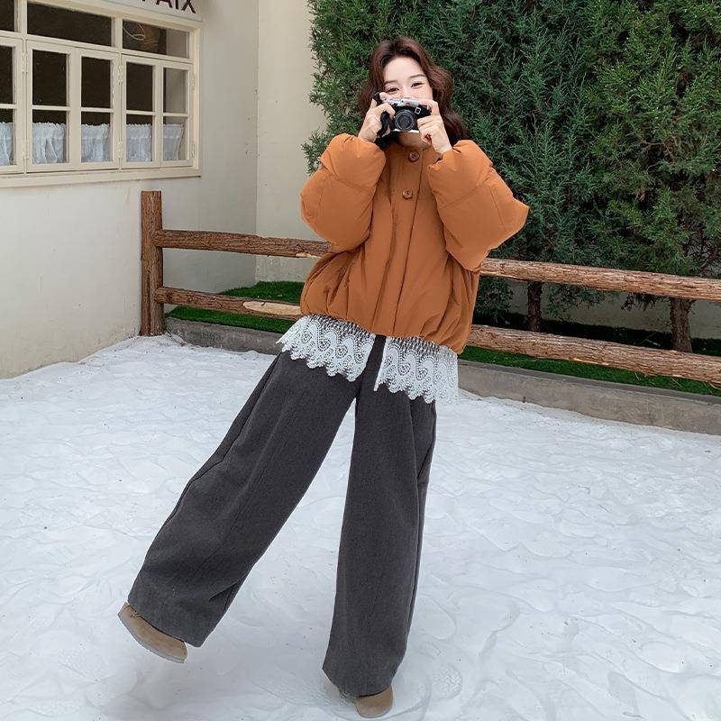 棕色冬蕾丝拼服接短款羽绒女2025款新复C123-Z10古休闲面包服90白