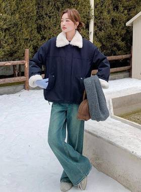 藏青色工装派服D039-L675女小个子22冬新款克韩版加厚保暖羊羔毛