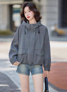 高级感千鸟短外套格2025秋新款时尚洋连帽宽气松E988-090休闲大衣