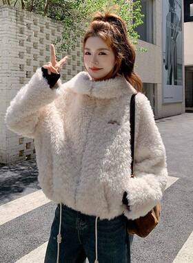 米绒白色短款大翻女领羊羔毛外套绒2022B113-255冬季小个子保暖厚