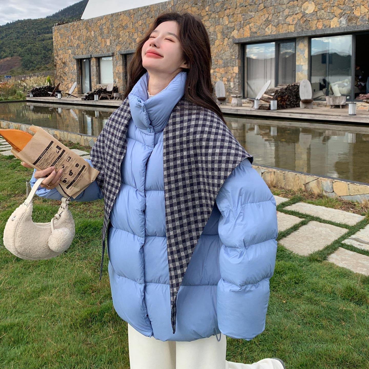 蓝色立加领羽绒服C375-251女小个子2025冬季新鸭款韩版厚保暖9白0