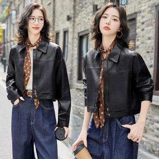 Y3578-W6翻领短款外套秋季新款女高级小个子休感闲机车风皮夹皮克