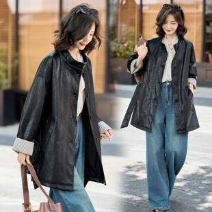 年秋冬季新款时尚立皮中长衣款系带显瘦百搭绵羊皮PYC女领装外套