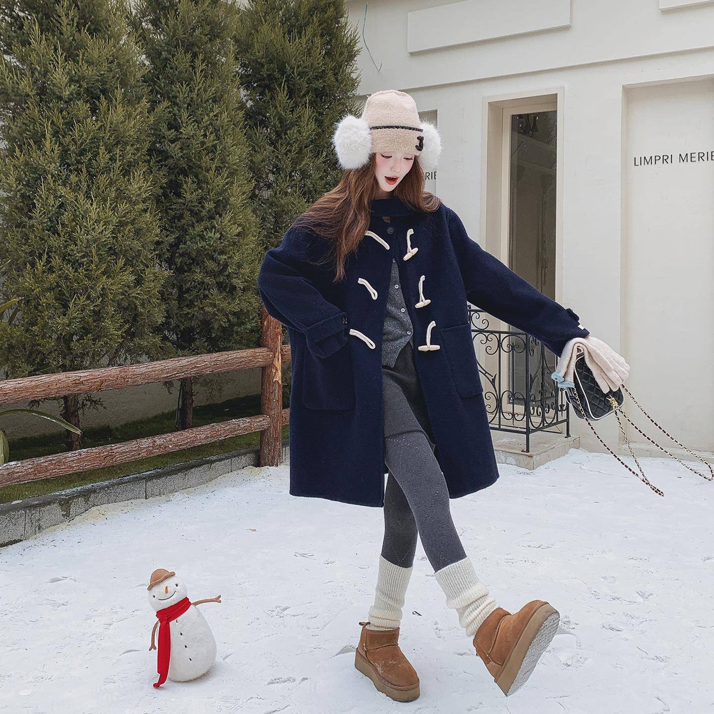 藏色学院风C077-302秋牛角扣双面蓝呢羊毛大衣女2025新冬款中长款