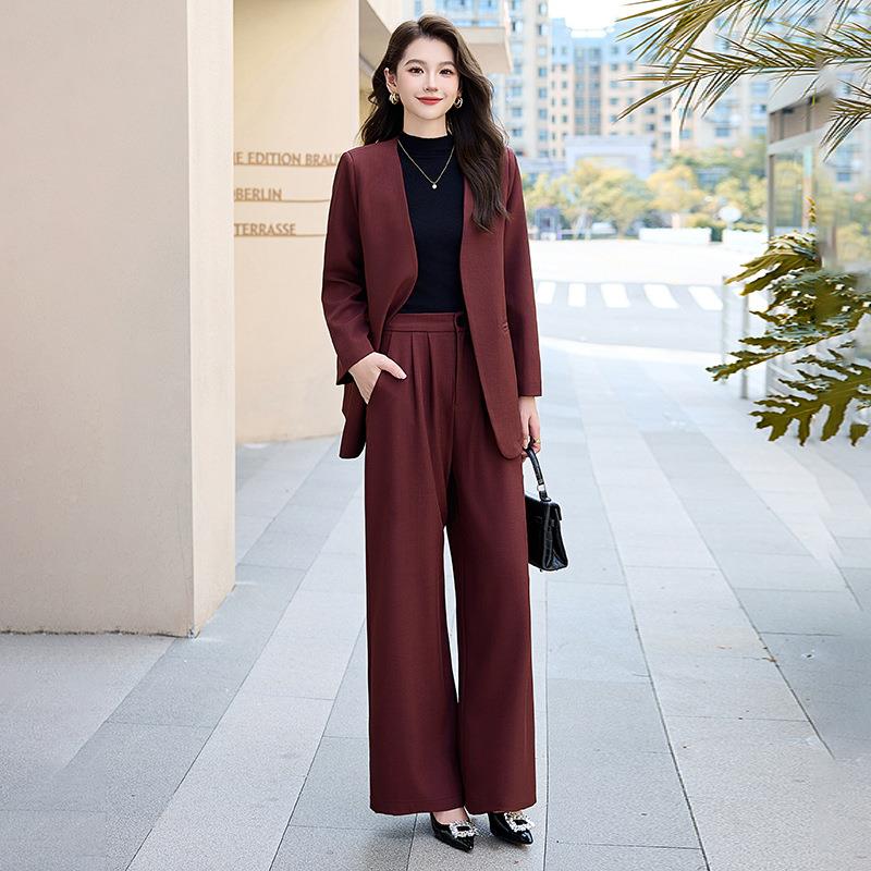 时尚休闲套装秋季款女R装领HR1011系带新百搭西装外套长裤两件套V