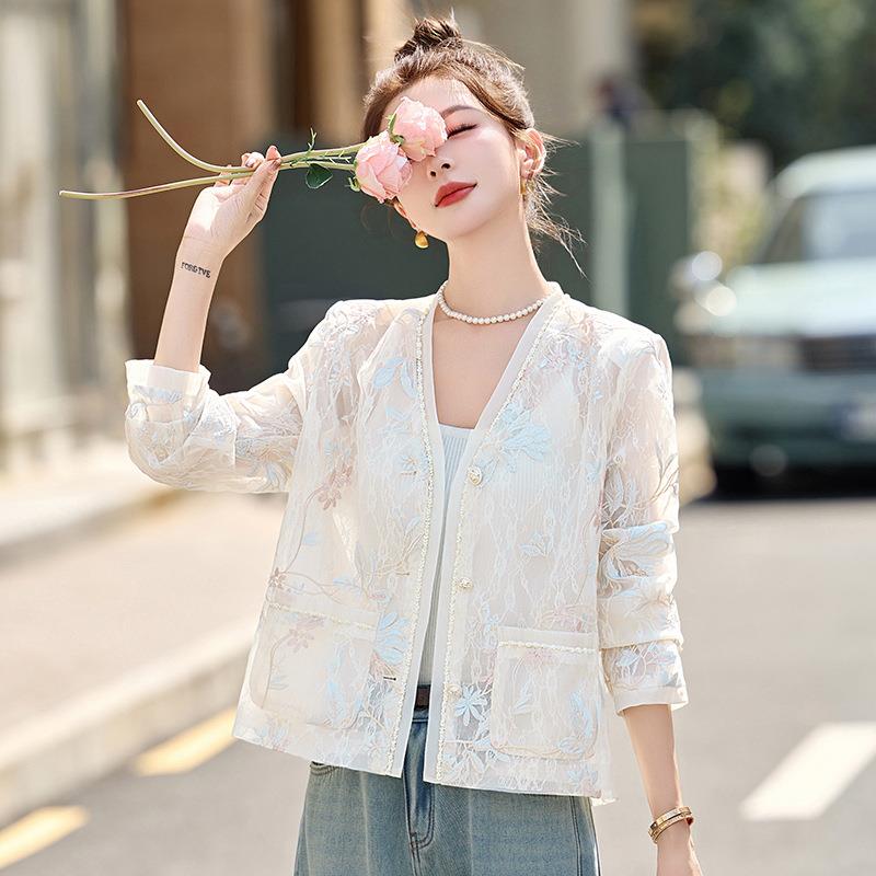 时0尚外套女2搭25春装新款女装欧根纱刺绣V领外YH2655-0防晒衣女