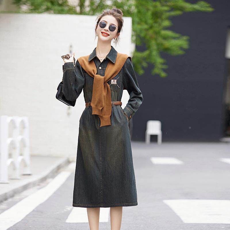 205装新款女复古气质裙显瘦长袖牛仔长款连衣2子 NS9653-0配秋披